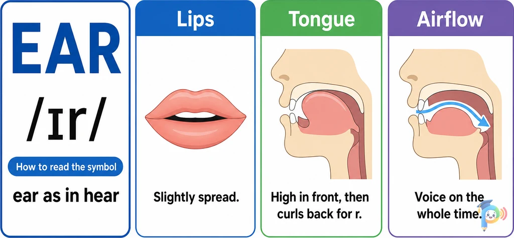 Mouth shape and articulation guide for the /ɪr/ sound (grapheme "ear")