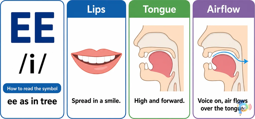 Mouth shape and articulation guide for the /i/ sound (grapheme "ee")