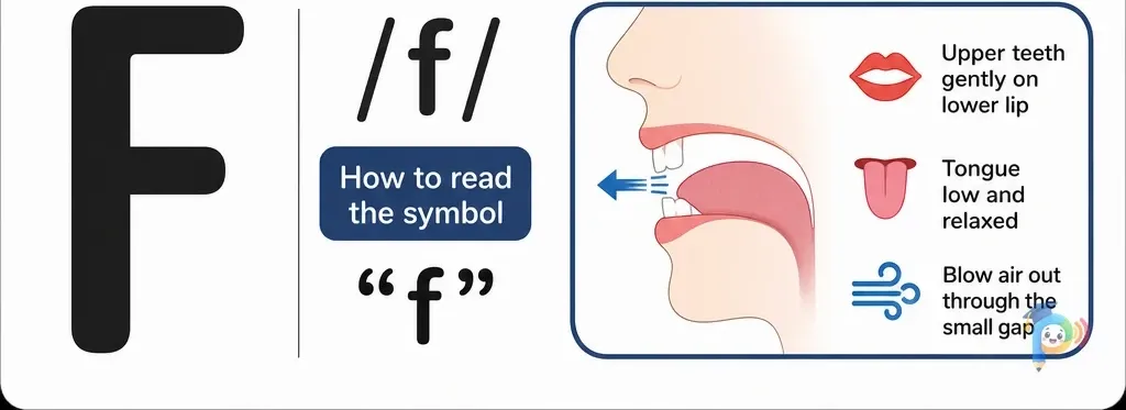 Mouth shape and articulation guide for the /f/ sound (grapheme "f")