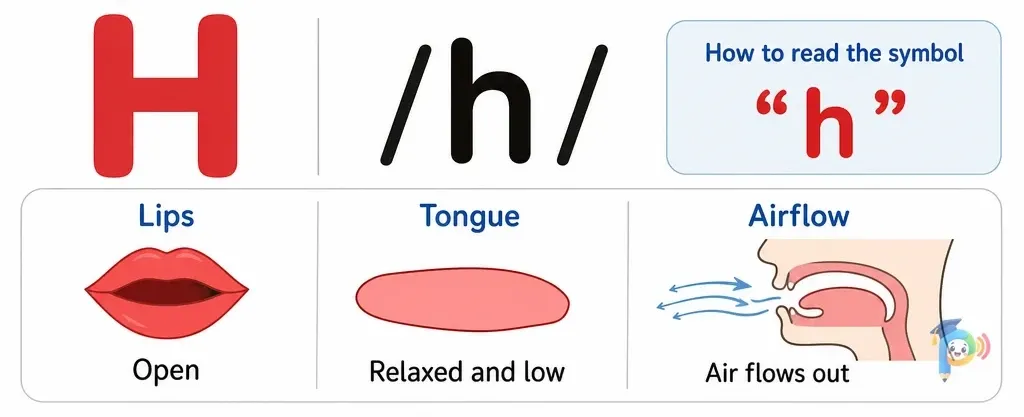 Mouth shape and articulation guide for the /h/ sound (grapheme "h")