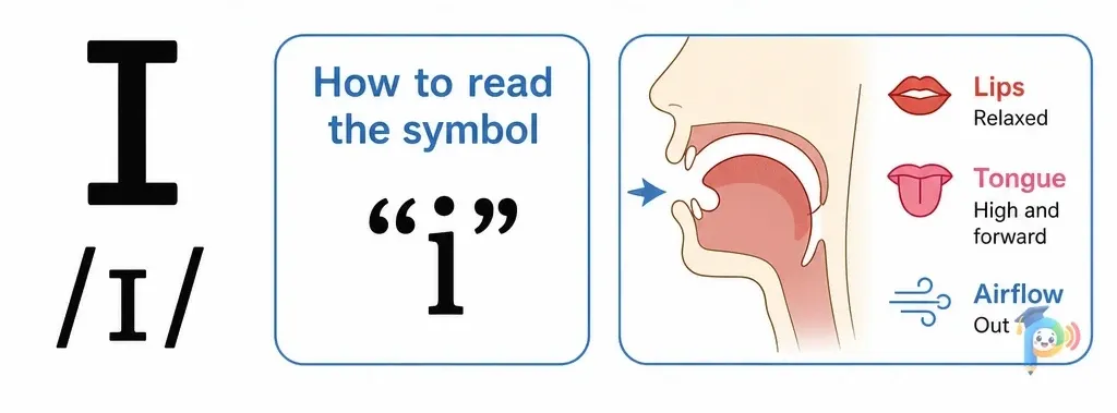 Mouth shape and articulation guide for the /ɪ/ sound (grapheme "i")