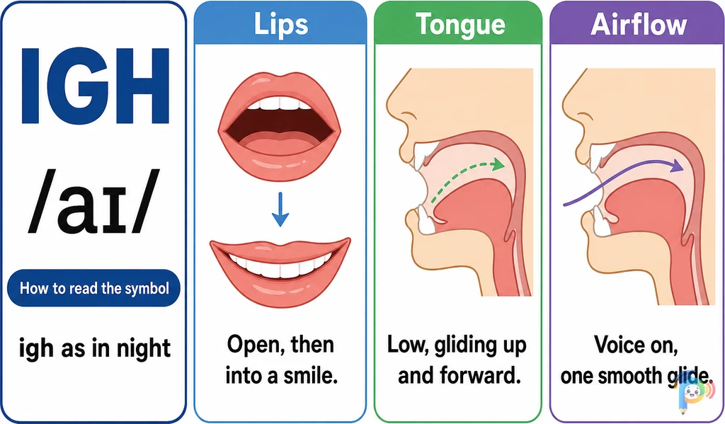 Mouth shape and articulation guide for the /aɪ/ sound (grapheme "igh")