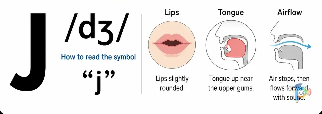 Mouth shape and articulation guide for the /dʒ/ sound (grapheme "j")