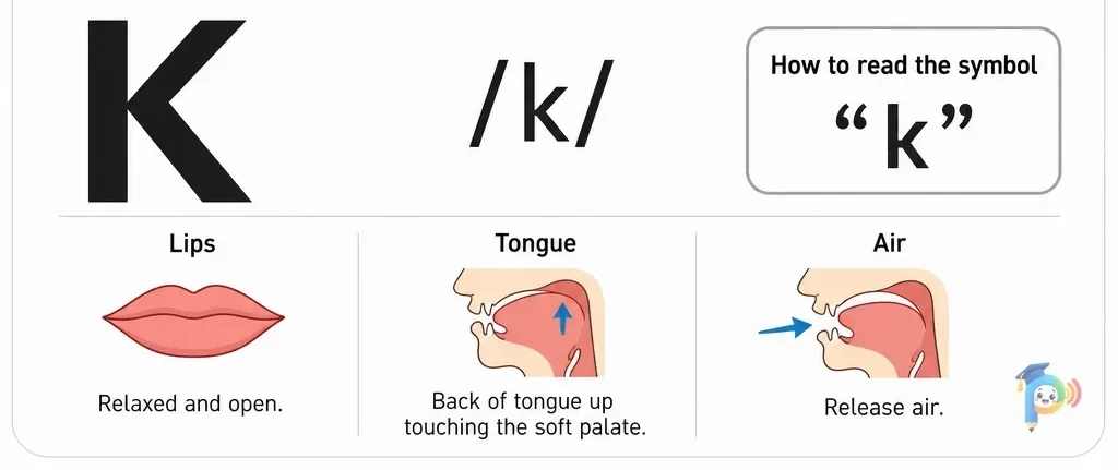 Mouth shape and articulation guide for the /k/ sound (grapheme "k")