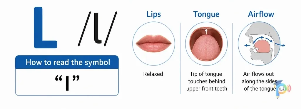 Mouth shape and articulation guide for the /l/ sound (grapheme "l")