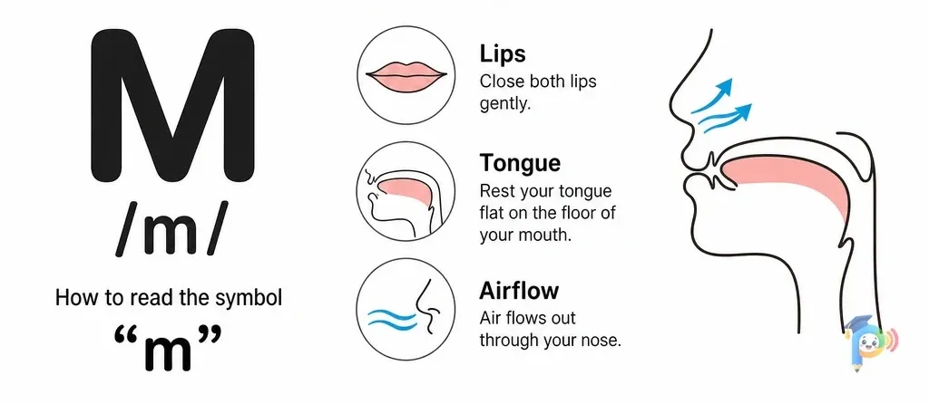 Mouth shape and articulation guide for the /m/ sound (grapheme "m")