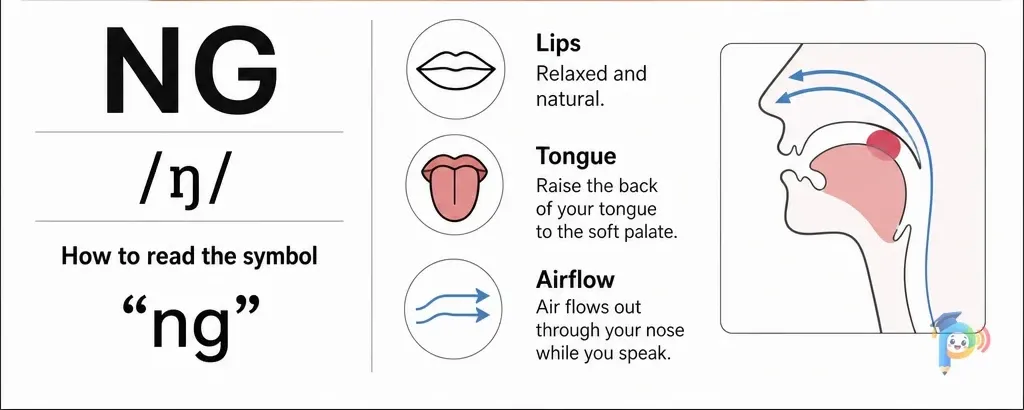 Mouth shape and articulation guide for the /ŋ/ sound (grapheme "ng")