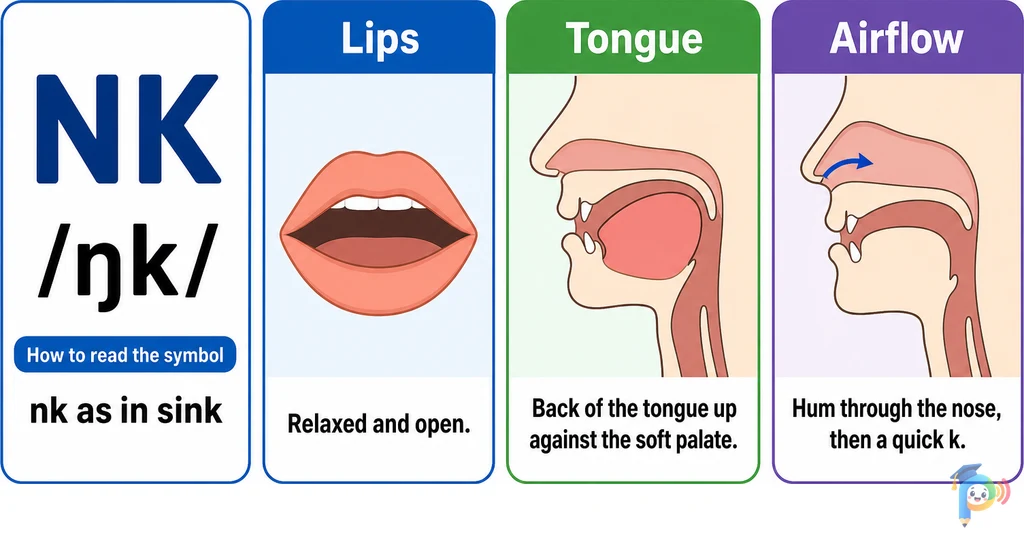 Mouth shape and articulation guide for the /ŋk/ sound (grapheme "nk")