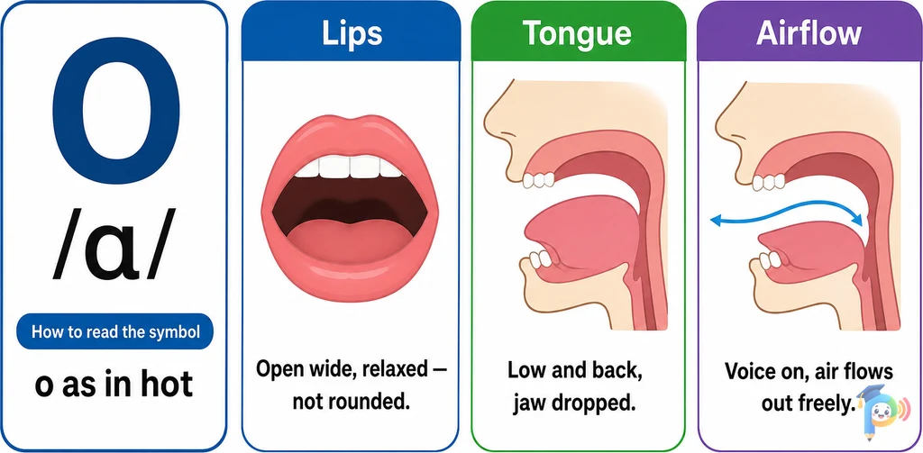 Mouth shape and articulation guide for the /ɑ/ sound (grapheme "o")