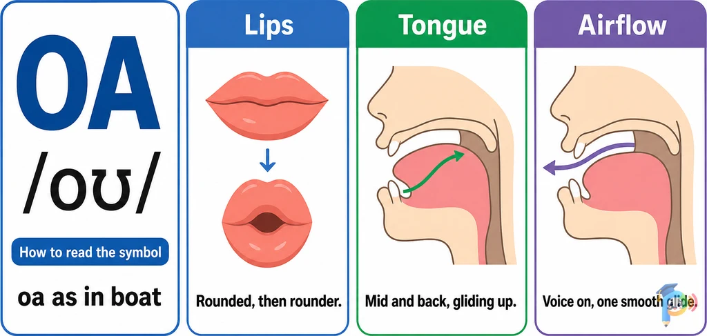 Mouth shape and articulation guide for the /oʊ/ sound (grapheme "oa")