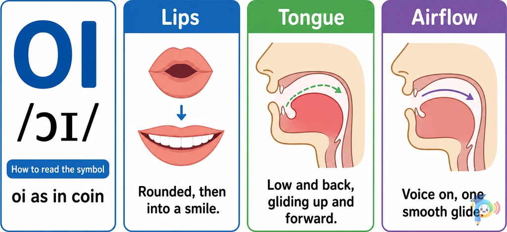 Mouth shape and articulation guide for the /ɔɪ/ sound (grapheme "oi")