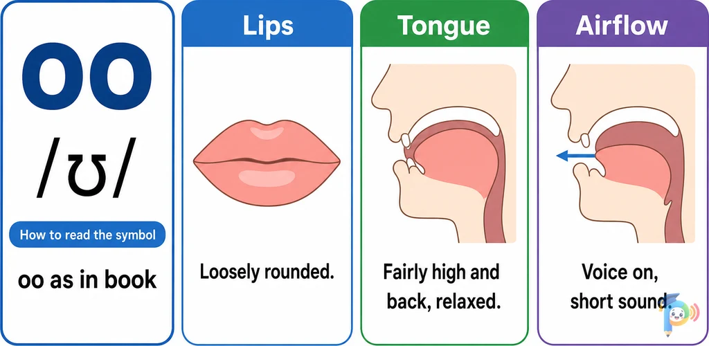Mouth shape and articulation guide for the /ʊ/ sound (grapheme "oo")