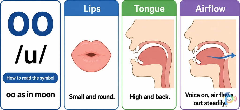 Mouth shape and articulation guide for the /u/ sound (grapheme "oo")