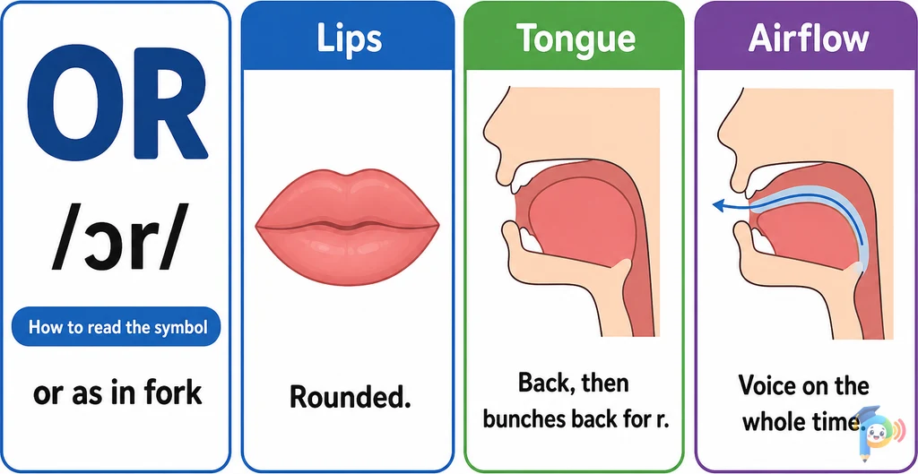 Mouth shape and articulation guide for the /ɔr/ sound (grapheme "or")