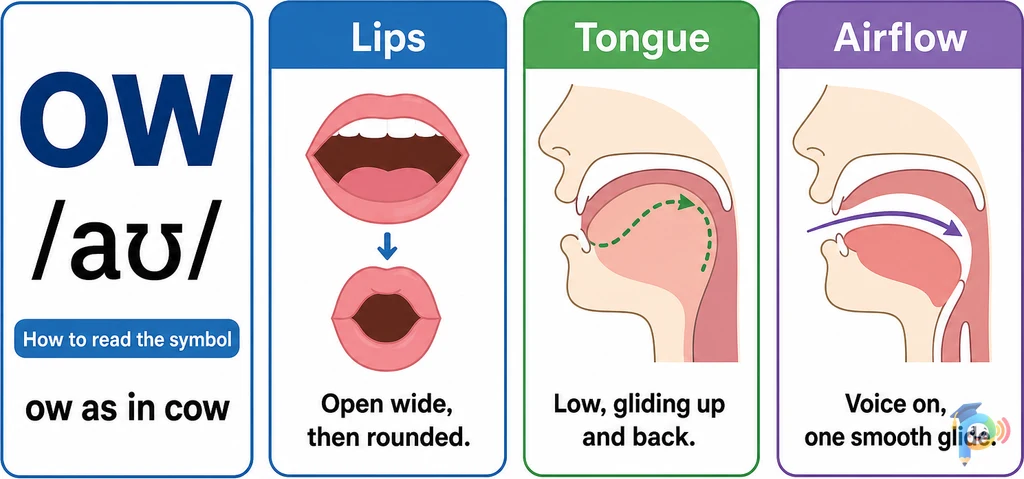 Mouth shape and articulation guide for the /aʊ/ sound (grapheme "ow")