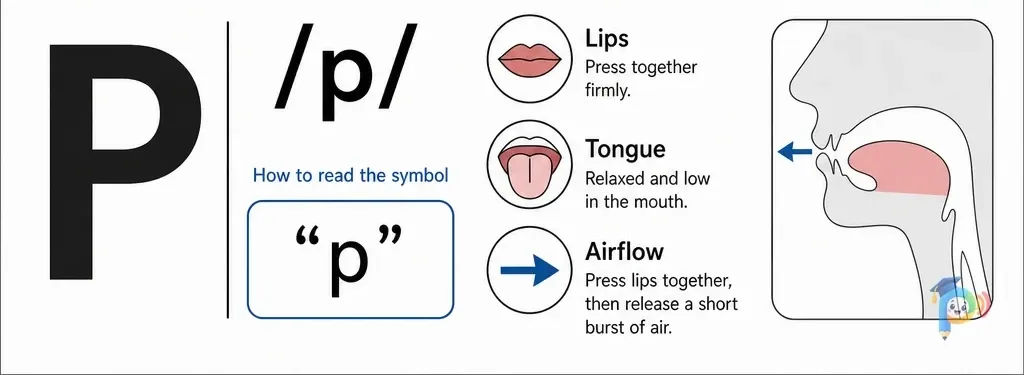 Mouth shape and articulation guide for the /p/ sound (grapheme "p")
