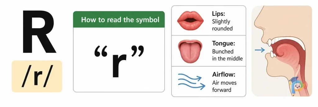 Mouth shape and articulation guide for the /r/ sound (grapheme "r")