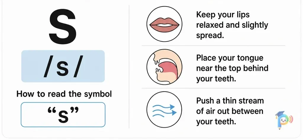 Mouth shape and articulation guide for the /s/ sound (grapheme "s")