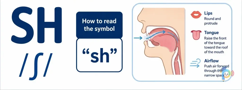 Mouth shape and articulation guide for the /ʃ/ sound (grapheme "sh")