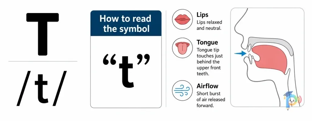 Mouth shape and articulation guide for the /t/ sound (grapheme "t")