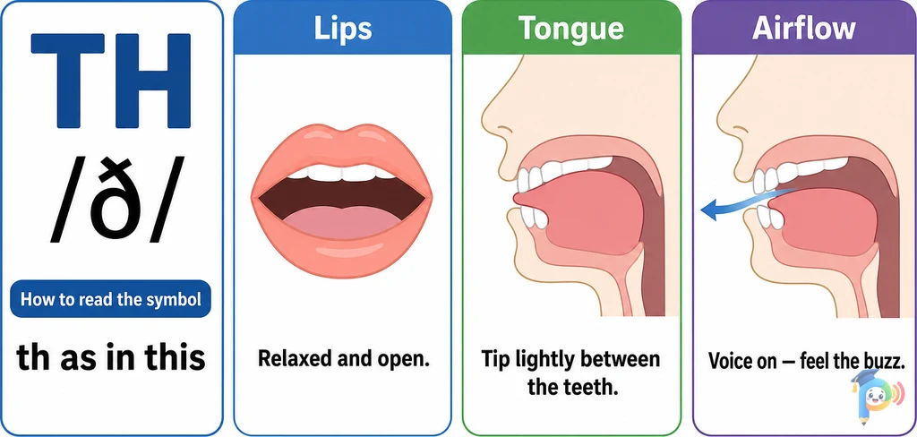 Mouth shape and articulation guide for the /ð/ sound (grapheme "th")