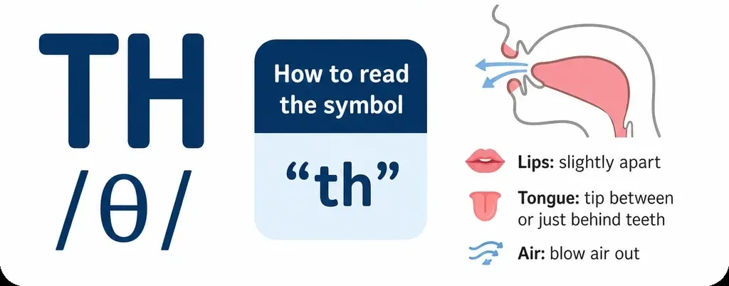 Mouth shape and articulation guide for the /θ/ sound (grapheme "th")
