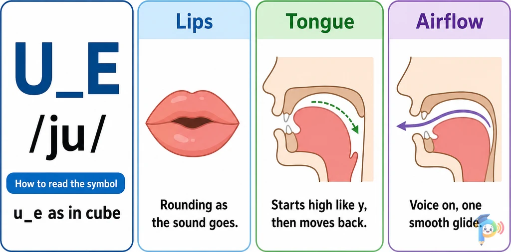 Mouth shape and articulation guide for the /ju/ sound (grapheme "u_e")