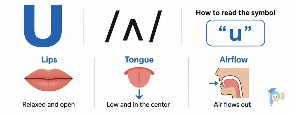 Mouth shape and articulation guide for the /ʌ/ sound (grapheme "u")