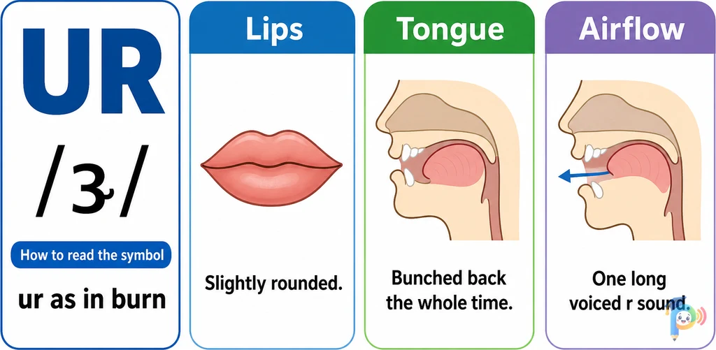 Mouth shape and articulation guide for the /ɝ/ sound (grapheme "ur")
