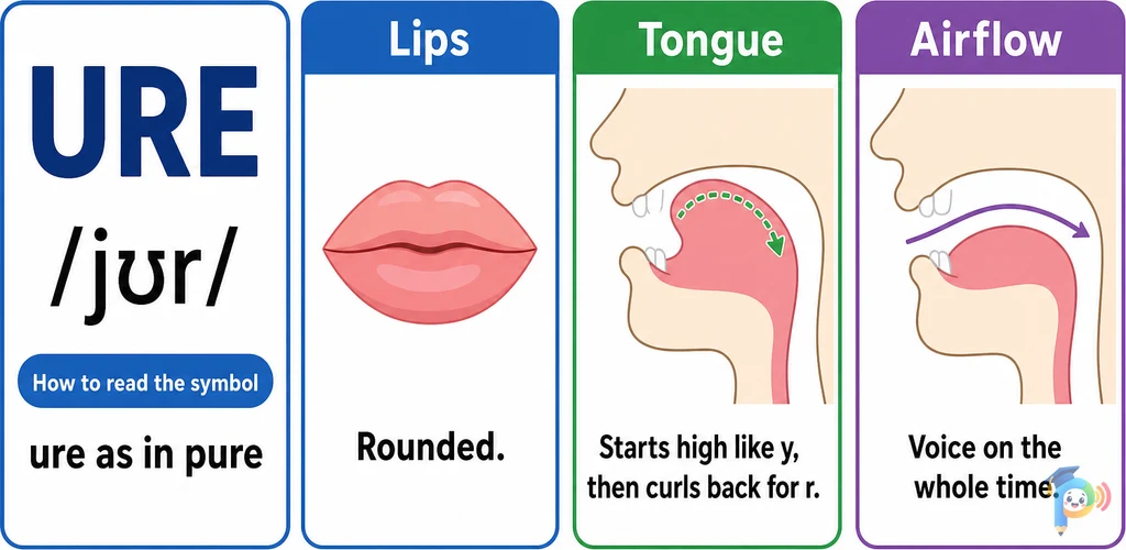 Mouth shape and articulation guide for the /jʊr/ sound (grapheme "ure")