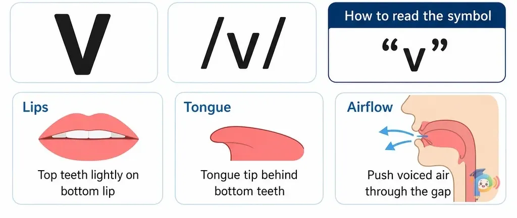 Mouth shape and articulation guide for the /v/ sound (grapheme "v")