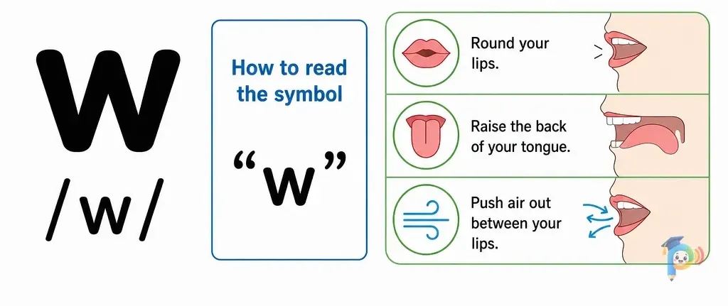 Mouth shape and articulation guide for the /w/ sound (grapheme "w")