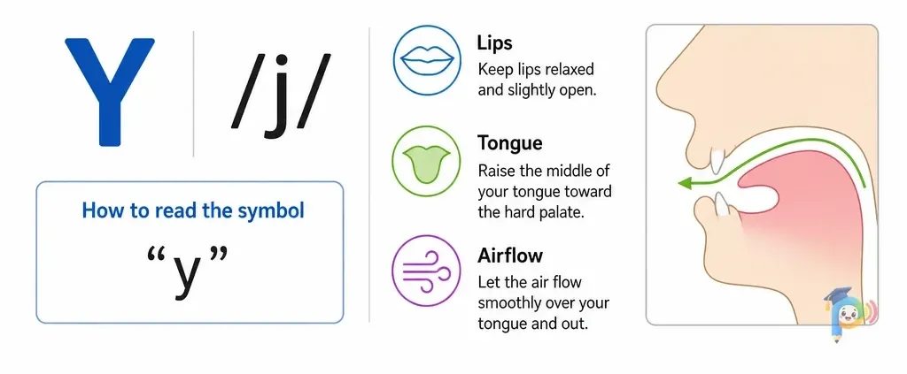 Mouth shape and articulation guide for the /j/ sound (grapheme "y")