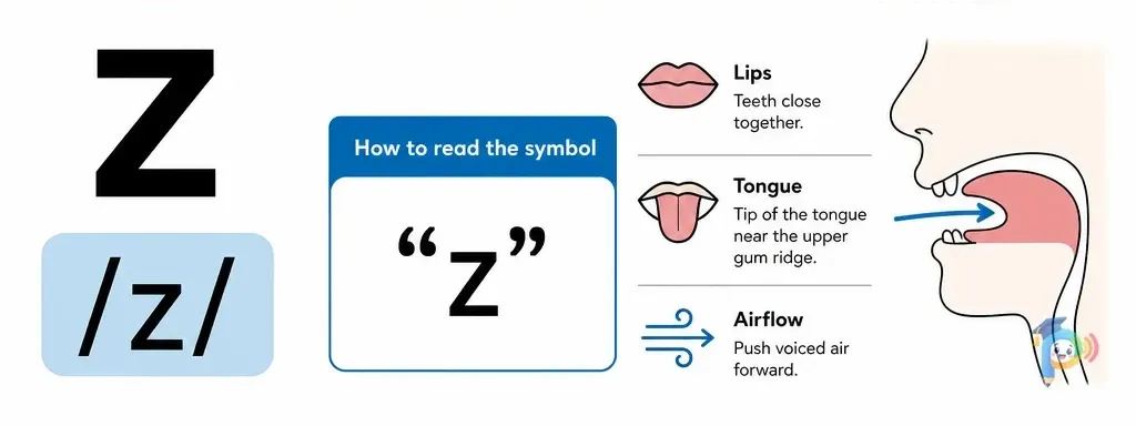 Mouth shape and articulation guide for the /z/ sound (grapheme "z")