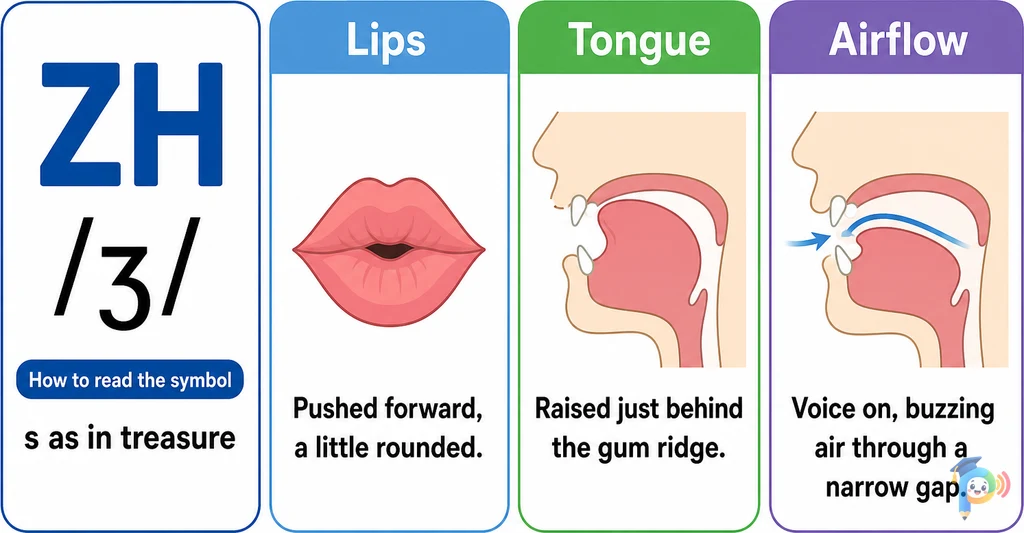 Mouth shape and articulation guide for the /ʒ/ sound (grapheme "zh")