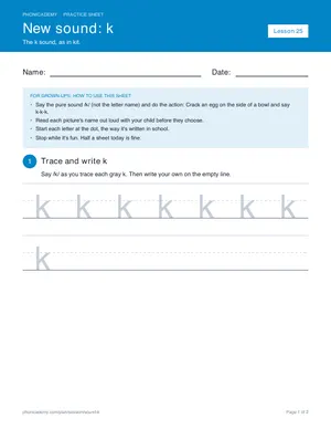 Preview of the “k” practice sheet