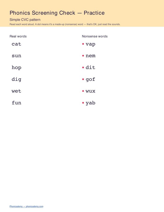 Phonics Screening Check Practice (PDF)