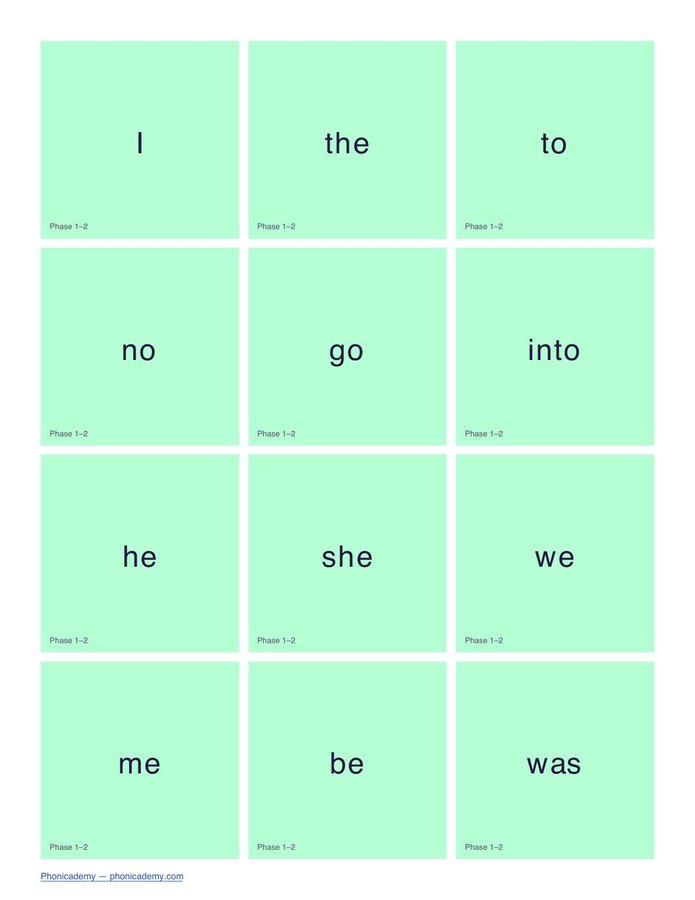 Tricky/Sight Words Flashcards by Phase (PDF)