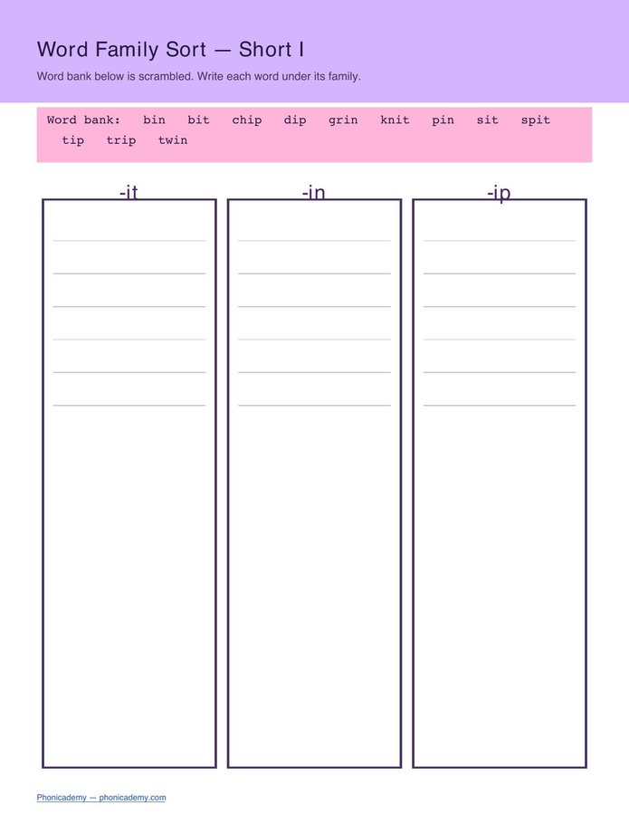 Word Family Sort Worksheet (PDF) — page 3