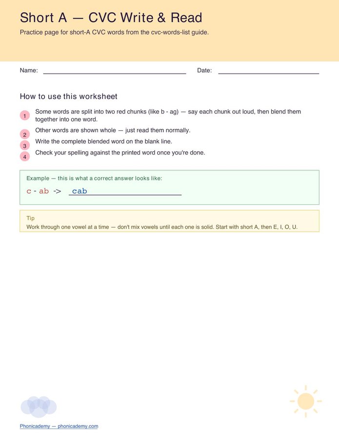 CVC Worksheet — Short A (Free PDF)
