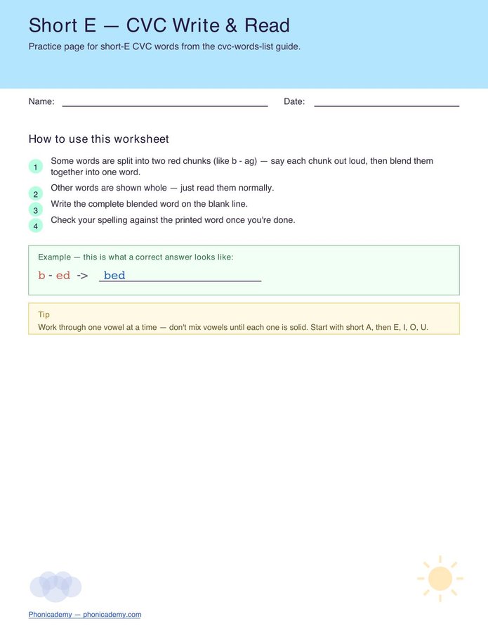 CVC Worksheet — Short E (Free PDF)