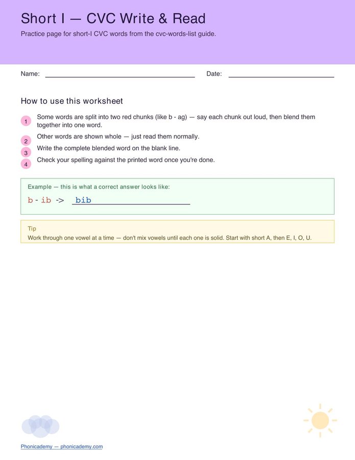 CVC Worksheet — Short I (Free PDF)