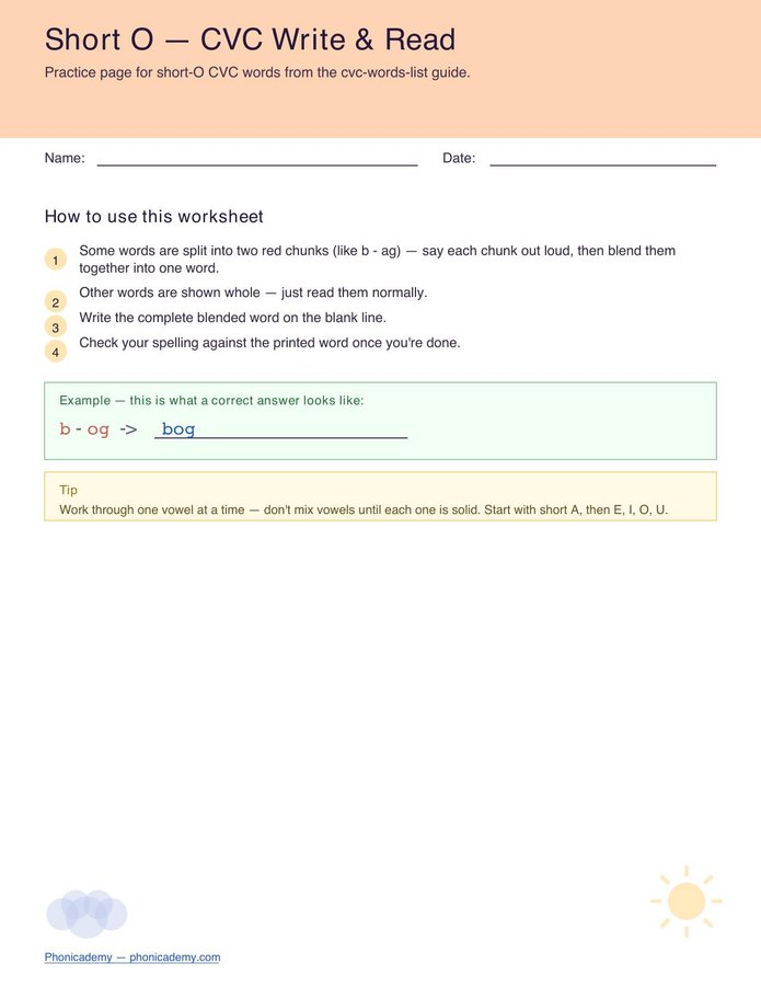 CVC Worksheet — Short O (Free PDF)