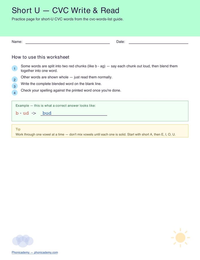 CVC Worksheet — Short U (Free PDF)