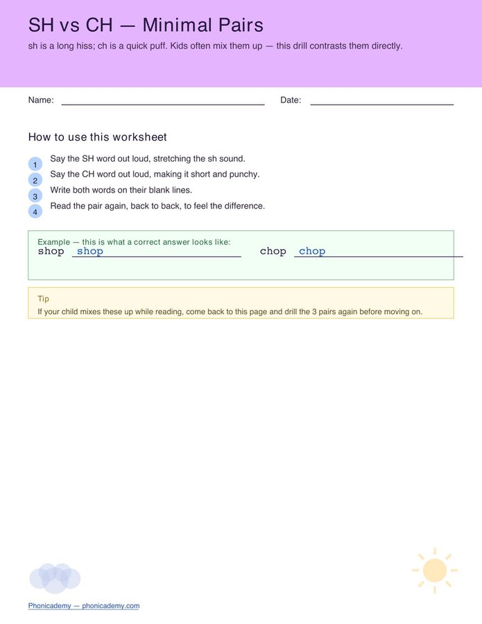 SH vs CH Minimal Pairs Worksheet (Free PDF)
