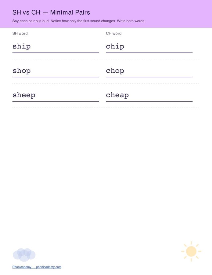 SH vs CH Minimal Pairs Worksheet (Free PDF) — page 2