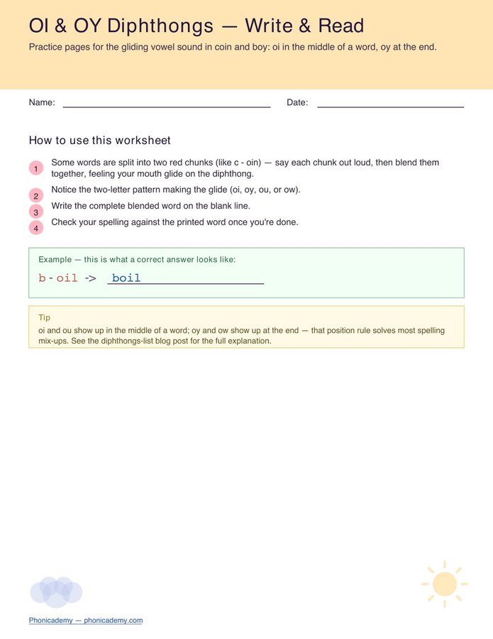 Diphthongs Worksheet — oi/oy (Free PDF)