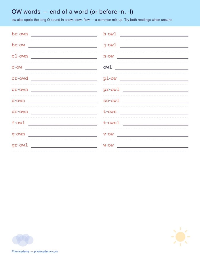 Diphthongs Worksheet — ou/ow (Free PDF) — page 3