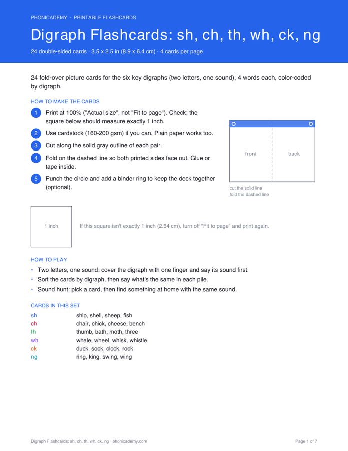 Digraph Flashcards: sh, ch, th, wh, ck, ng (PDF)