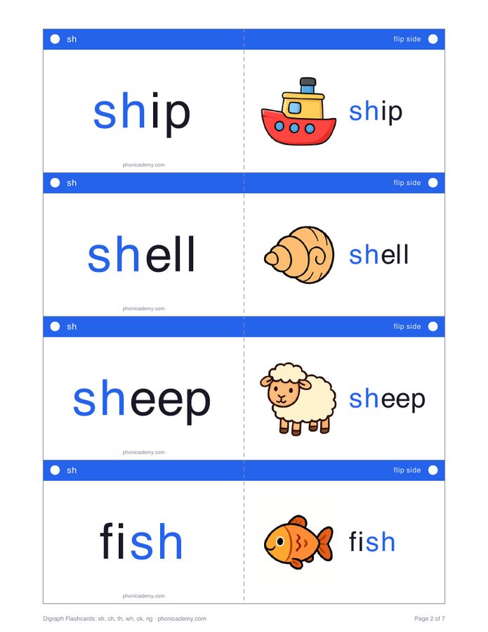 Digraph Flashcards: sh, ch, th, wh, ck, ng (PDF) — page 2
